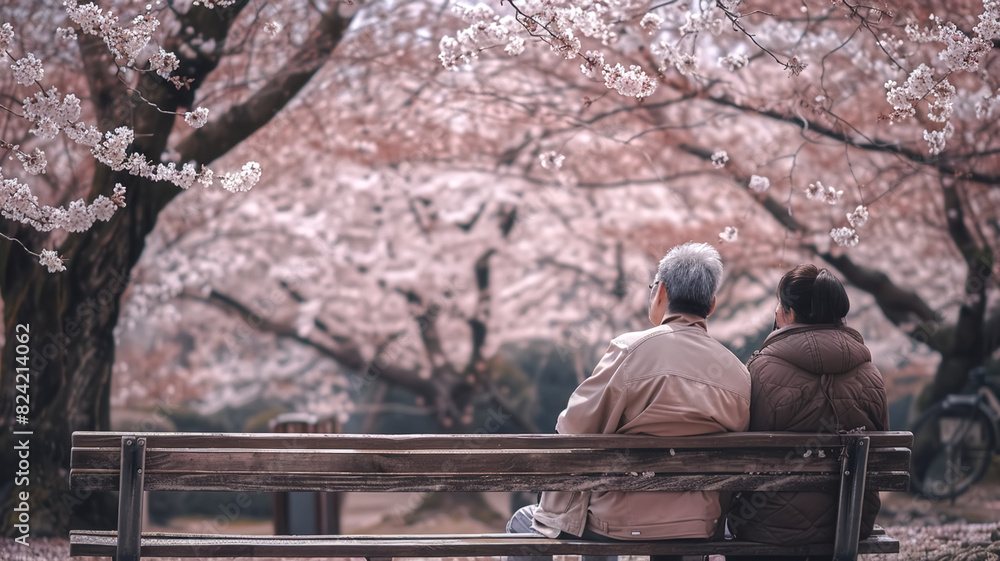 A couple sits beneath a cherry blossom tree on an old wooden bench, contemplating life in the warm light.