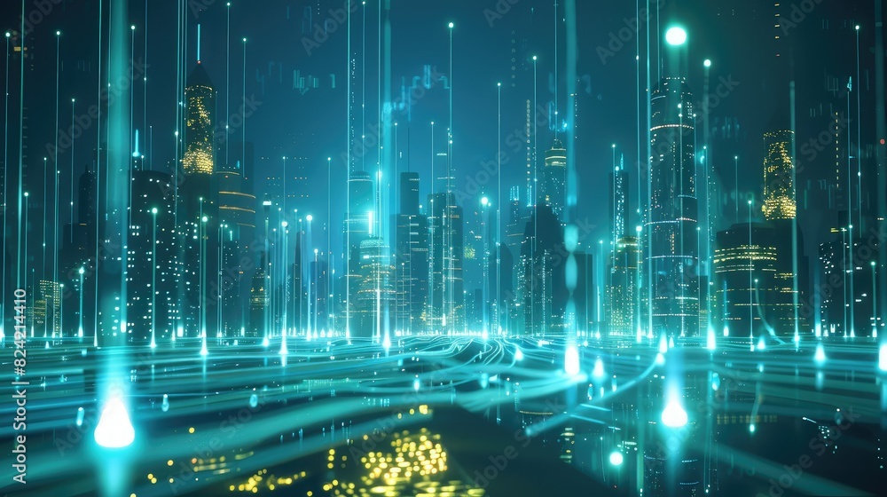 A network of glowing fiber optic cables emerging from a futuristic cityscape. abstract polygon pattern connection with speed line light, big data connection technology concept. A network of glowing fiber optic cables emerging from a futuristic cityscape. abstract polygon pattern connection with speed line light, big data connection technology concept.