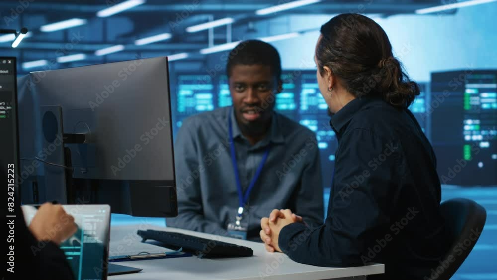 Team of technicians working together and laughing, supervising server rows in computer network security data center. Multiethnic colleagues having fun each other while overseeing supercomputers Team of technicians working together and laughing, supervising server rows in computer network security data center. Multiethnic colleagues having fun each other while overseeing supercomputers