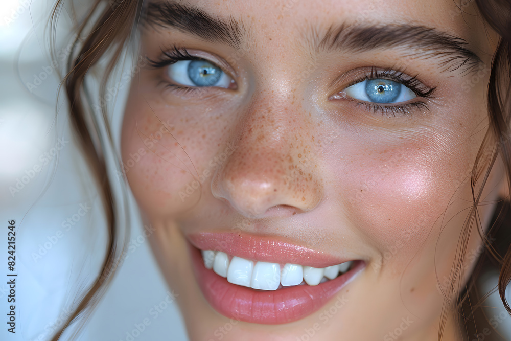 Obraz premium Beautiful young woman female smiling showing perfect white teeth. Dental stomatology whitening and treatment advertisement concept.