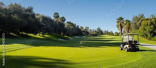 A sleek golf cart parked on a pristine course, embodying the essence of leisure and precision amidst lush greenery. ⛳🚗