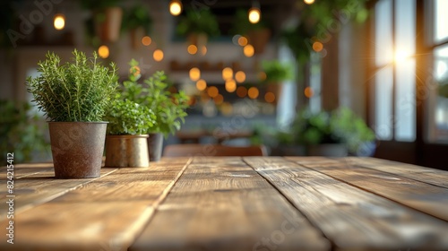 Potted herbs on a rustic wooden table