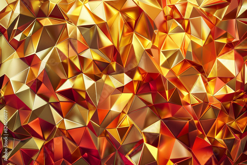 Complex geometric abstract pattern in rich shades of gold and red, creating a vibrant, intricate background