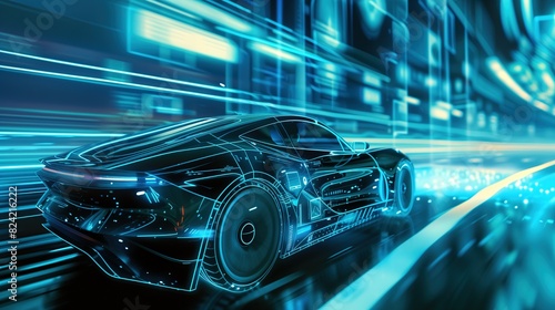 A sleek, futuristic car racing at high speed through a neon-lit digital environment with glowing blue lines and dynamic light trails