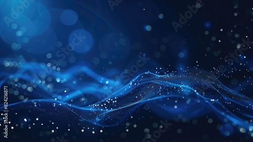 Dark blue background with digital particles and dots forming waves or a landscape, banner for technology website design. Vector illustration with space for copy. High quality vector graphics