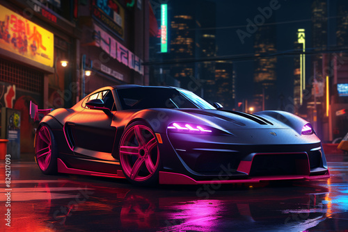 sports car parked in the neon city