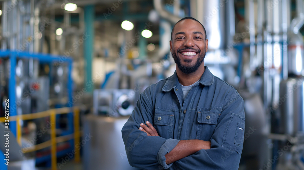 portrait of a smiling engineer standing in modern manufacturing factory plant portrait of a smiling engineer standing in modern manufacturing factory plant