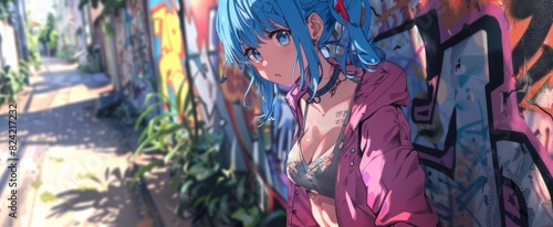 A cute blue-haired anime girl in a pink jacket stands next to a graffiti wall in the style of cyberpunk. Japanese animation.