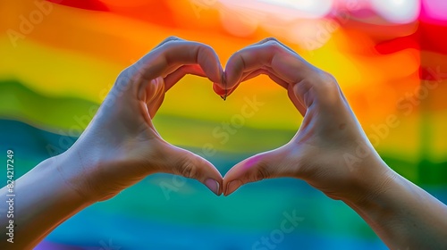 Hands make a mini heart symbol with a bright rainbow background symbolizing pride and the supportive LGBTQ community.