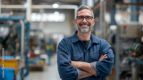 portrait of a smiling engineer standing in modern manufacturing factory plant 