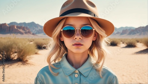beautiful kid blonde girl on desert background fashion portrait posing with hat and sunglasses © SevenThreeSky