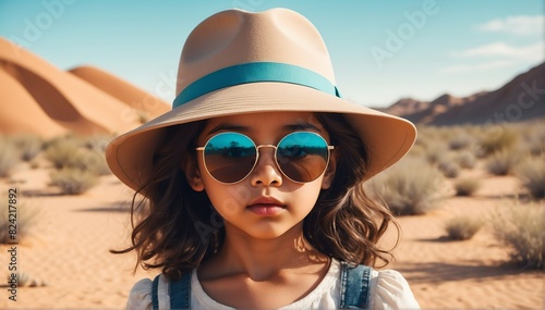 beautiful kid hispanic girl on desert background fashion portrait posing with hat and sunglasses