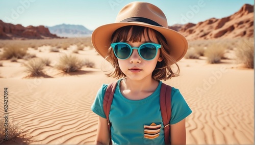 beautiful kid nerd girl on desert background fashion portrait posing with hat and sunglasses © SevenThreeSky