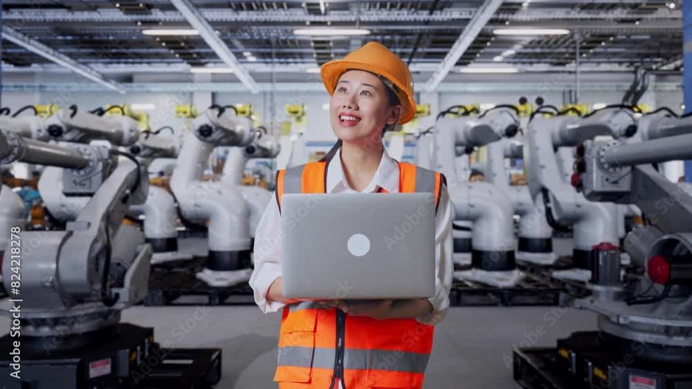 Asian Female Engineer With Safety Helmet Working On A Laptop And Looking Around While Standing With Robotic Arms Asian Female Engineer With Safety Helmet Working On A Laptop And Looking Around While Standing With Robotic Arms