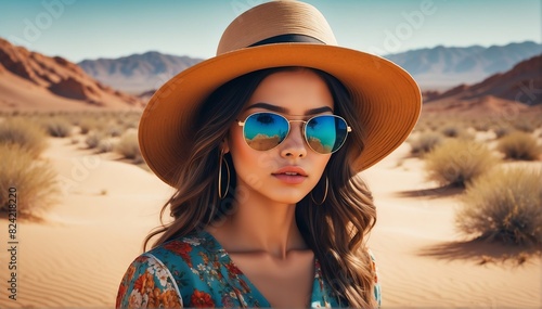 beautiful young hispanic girl on desert background fashion portrait posing with hat and sunglasses