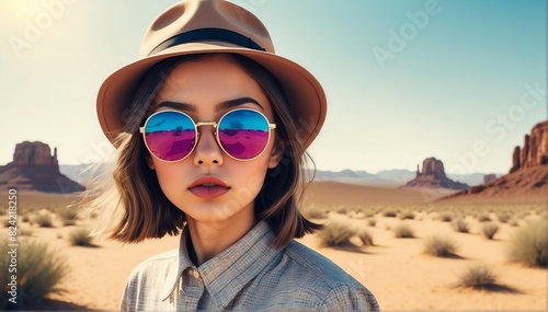 beautiful young nerd girl on desert background fashion portrait posing with hat and sunglasses