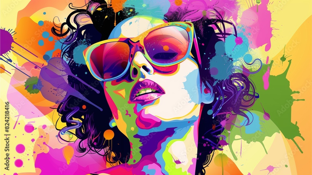 Naklejka premium An attention-grabbing digital illustration of a woman with sunglasses and curly hair in psychedelic colors, wearing colorful splash paint glasses. The artwork should emphasize her dynamic pose