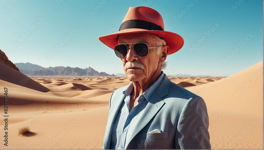 handsome elderly muscular guy on desert background fashion portrait posing with hat and sunglasses