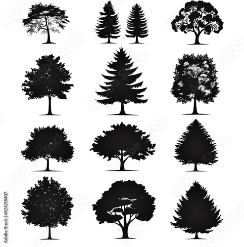  set of pine tree silhouette isolated on white background