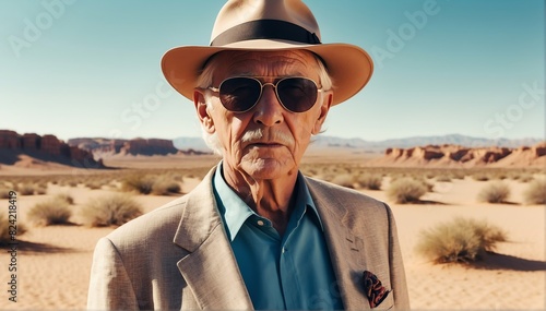 handsome elderly caucasian guy on desert background fashion portrait posing with hat and sunglasses
