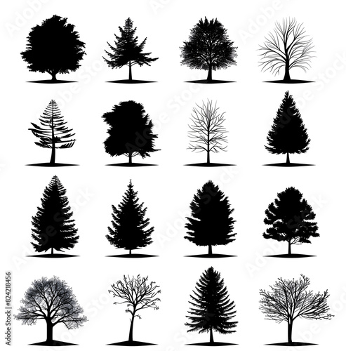  set of pine tree silhouette isolated on white background