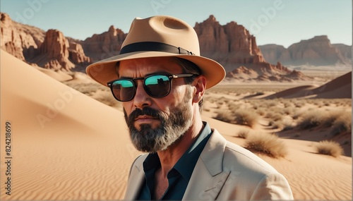 handsome middleaged bearded guy on desert background fashion portrait posing with hat and sunglasses photo