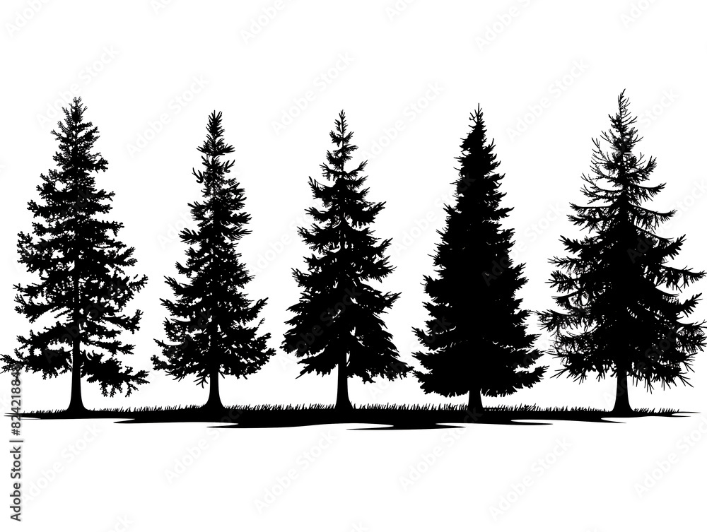 set of pine trees, black and white silhouette sets of a spruce tree set of pine trees, black and white silhouette sets of a spruce tree