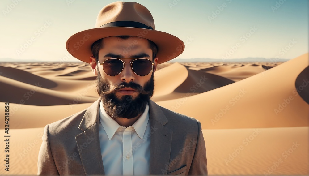 handsome young bearded guy on desert background fashion portrait posing with hat and sunglasses