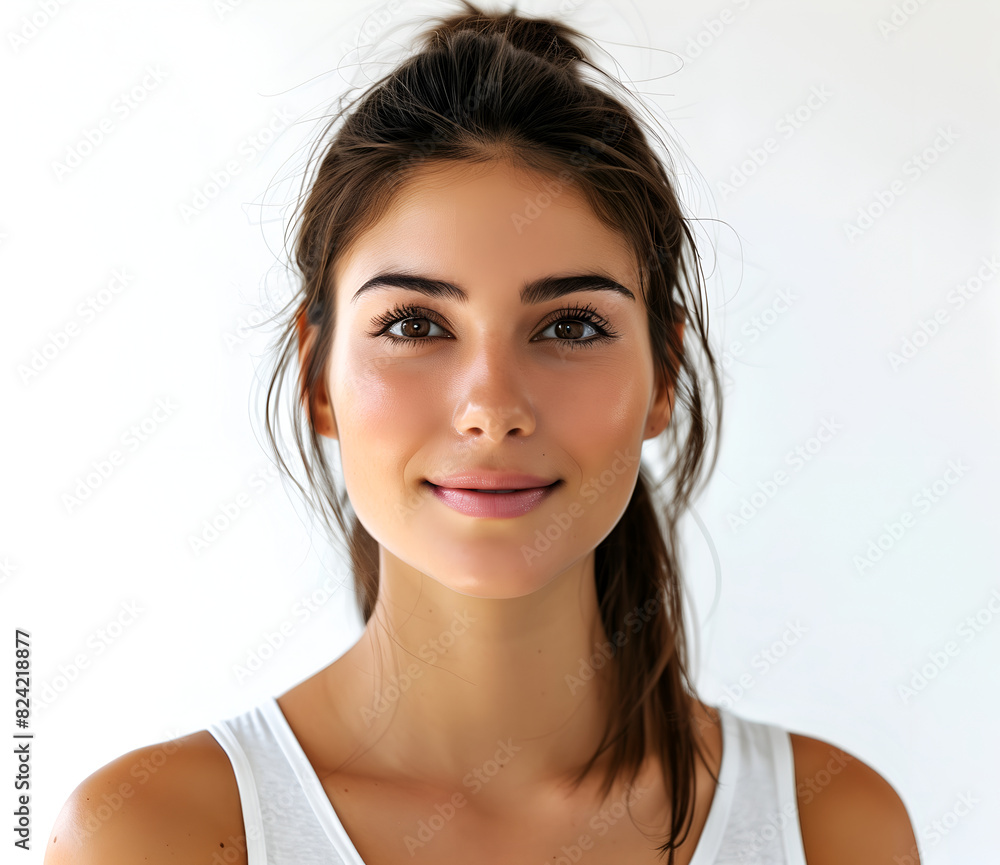 portrait of an attractive woman with clear, flawless skin set against a white background. portrait of an attractive woman with clear, flawless skin set against a white background.