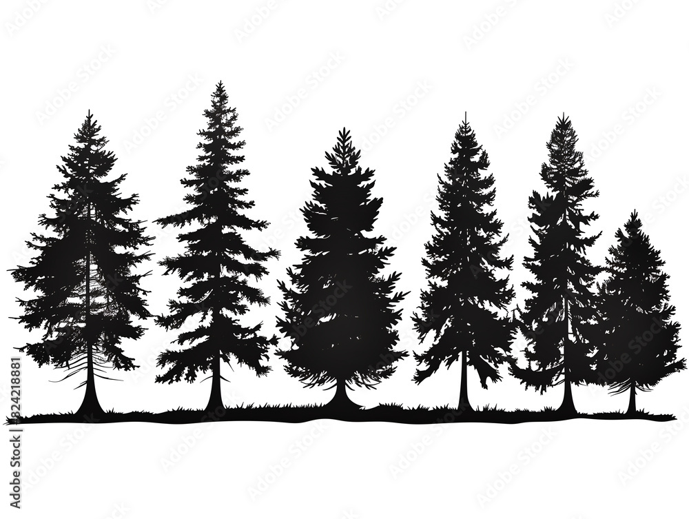 Fototapeta premium set of pine trees, black and white silhouette sets of a spruce tree