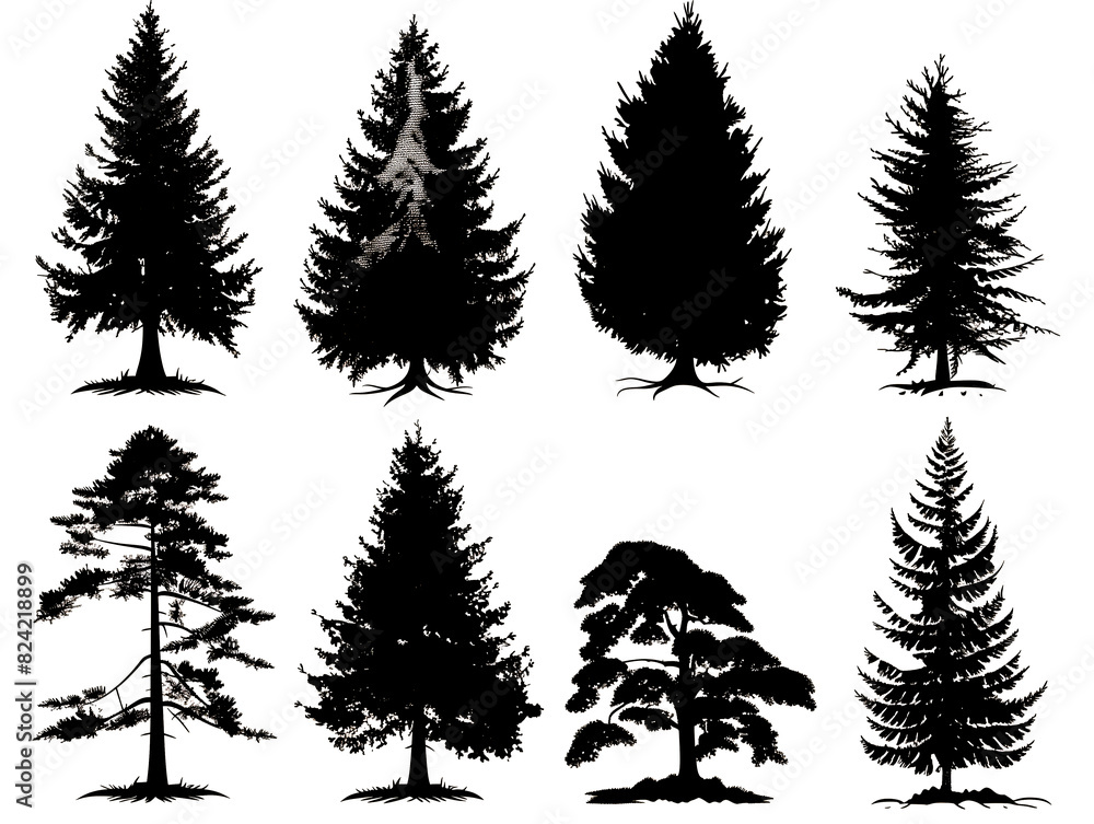Obraz premium set of pine trees, black and white silhouette sets of a spruce tree