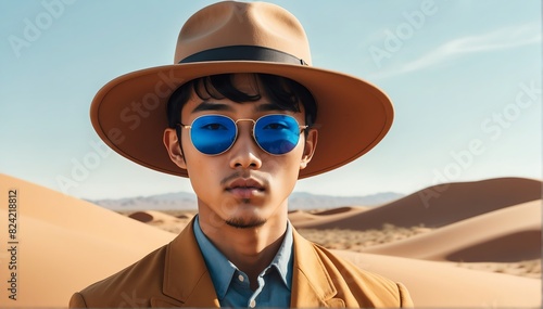handsome young asian guy on desert background fashion portrait posing with hat and sunglasses