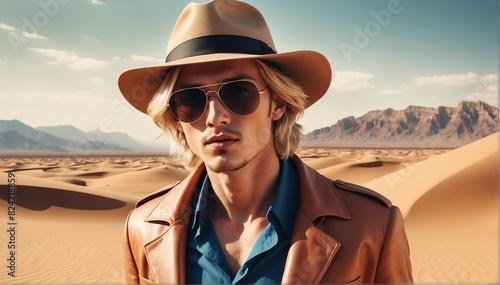 handsome young blonde guy on desert background fashion portrait posing with hat and sunglasses