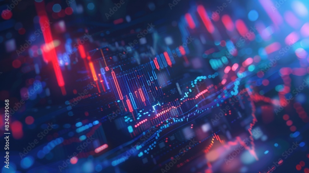Digital background featuring stock market charts and graphs on a virtual screen,