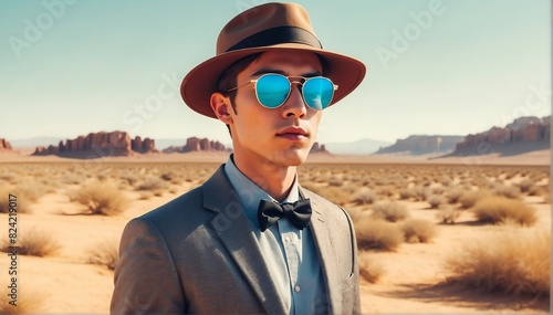 handsome young nerd guy on desert background fashion portrait posing with hat and sunglasses