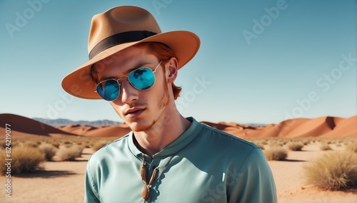 handsome young redhead guy on desert background fashion portrait posing with hat and sunglasses © SevenThreeSky