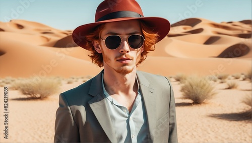 handsome young redhead guy on desert background fashion portrait posing with hat and sunglasses