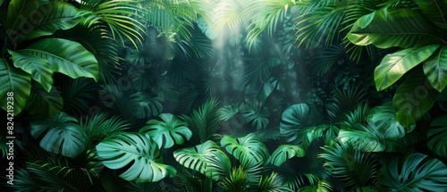 Background Tropical. Giant leaves unfurl like umbrellas, providing shelter for tiny creatures that scurry about their daily routines, while overhead, monkeys swing from branch to branch in a playful.