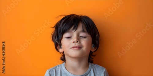 Passionate dark-haired boy singing with eyes closed against orange wall. Concept Photoshoot, Singing, Passionate, Dark-haired, Orange Wall photo