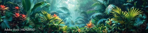 Background Tropical. Amidst the vibrant greenery, the rainforest's dense and diverse plant life creates a rich and fertile environment where life thrives abundantly.