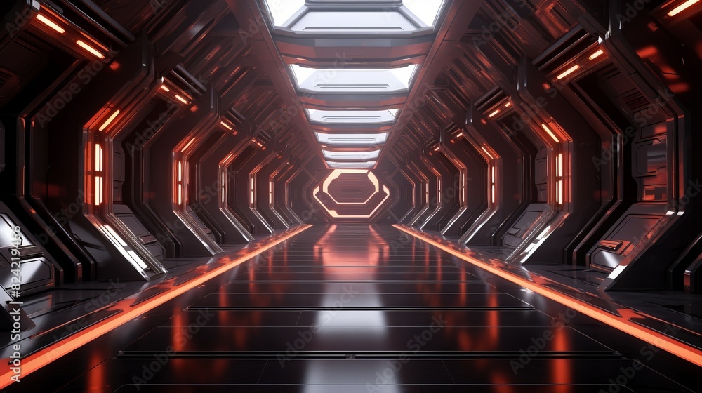 A long, dark tunnel with orange lights on the walls A long, dark tunnel with orange lights on the walls