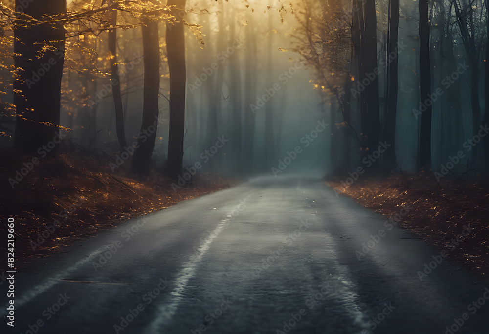 Naklejka premium A misty forest road at dawn with sunlight filtering through the trees, creating a serene and mysterious atmosphere.