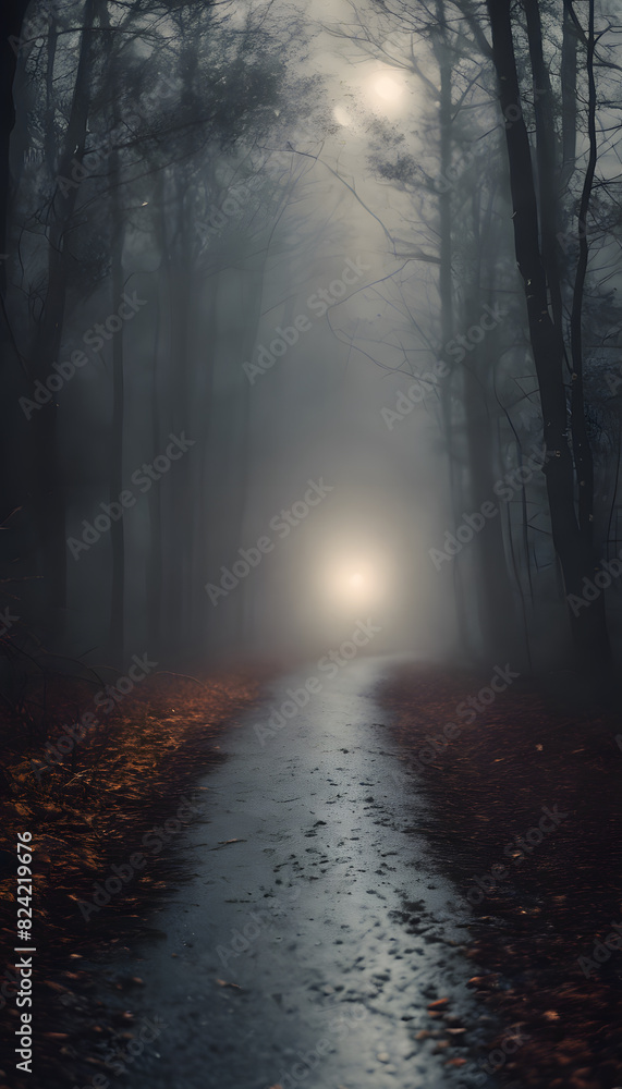 Obraz premium A foggy forest path illuminated by a mysterious light in the distance. The scene is eerie and atmospheric, with tall trees and fallen leaves on the ground.