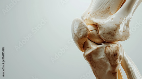 detailed knee anatomy illustration with bone structure on light background, with copy space for text