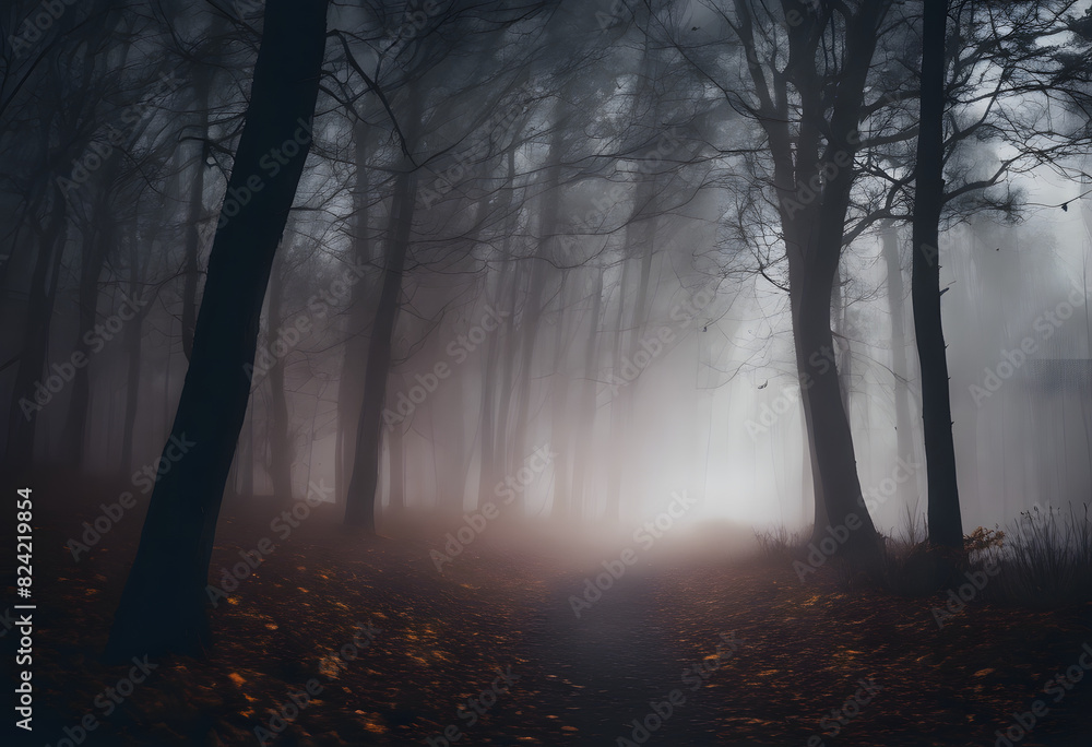 Obraz premium A foggy forest with tall, bare trees and a path covered in fallen leaves. The atmosphere is eerie and mysterious with limited visibility due to the dense fog.