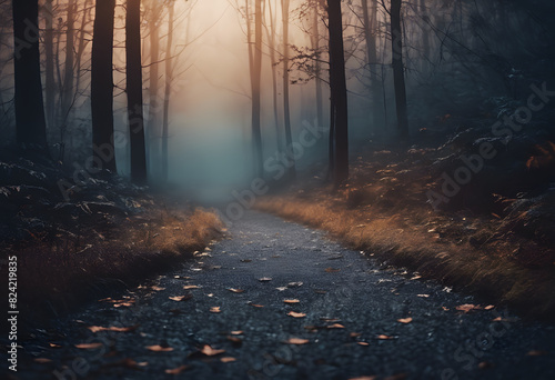 A misty forest path with fallen leaves during sunrise, creating a serene and mysterious atmosphere.