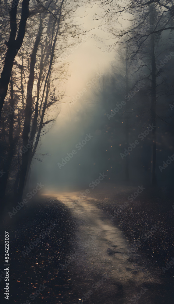 Fototapeta premium A misty forest path with sunlight filtering through the trees, creating an ethereal atmosphere. The path is wet, and the surrounding trees are bare, suggesting a late autumn or early winter setting.