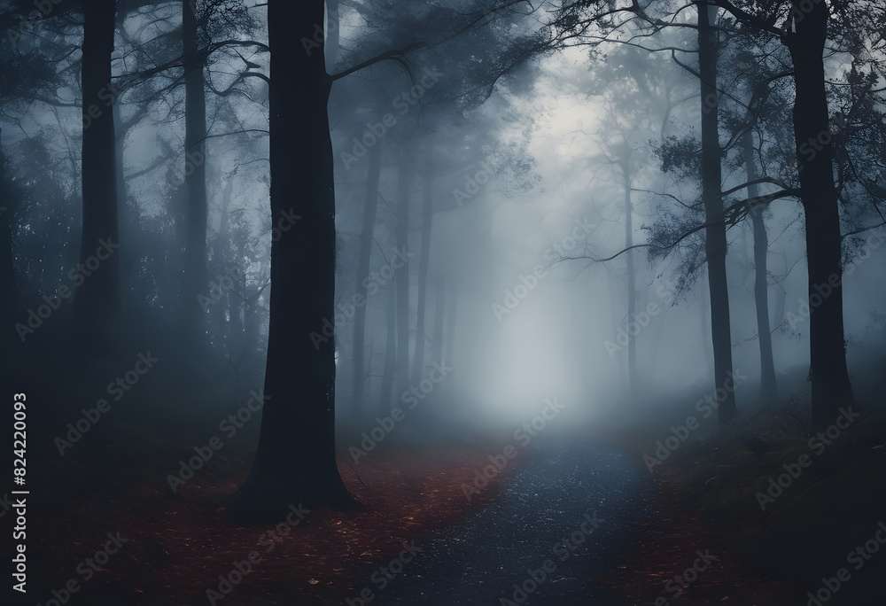 Fototapeta premium A foggy forest with tall trees and a path leading into the mist. The atmosphere is eerie and mysterious, with dim lighting and shadows.