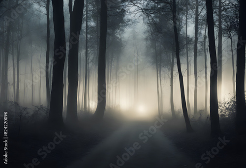 A foggy forest with tall trees and a mysterious light in the distance. The atmosphere is eerie and haunting, with dense fog obscuring the view.