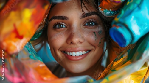 Beautiful young woman covered in colorful paint smiles happily at the camera.